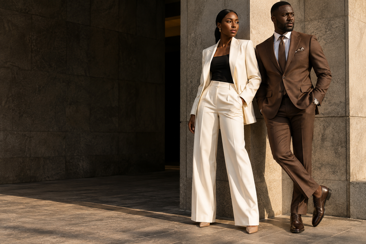 Editorial styling: ivory and chocolate tailored suits